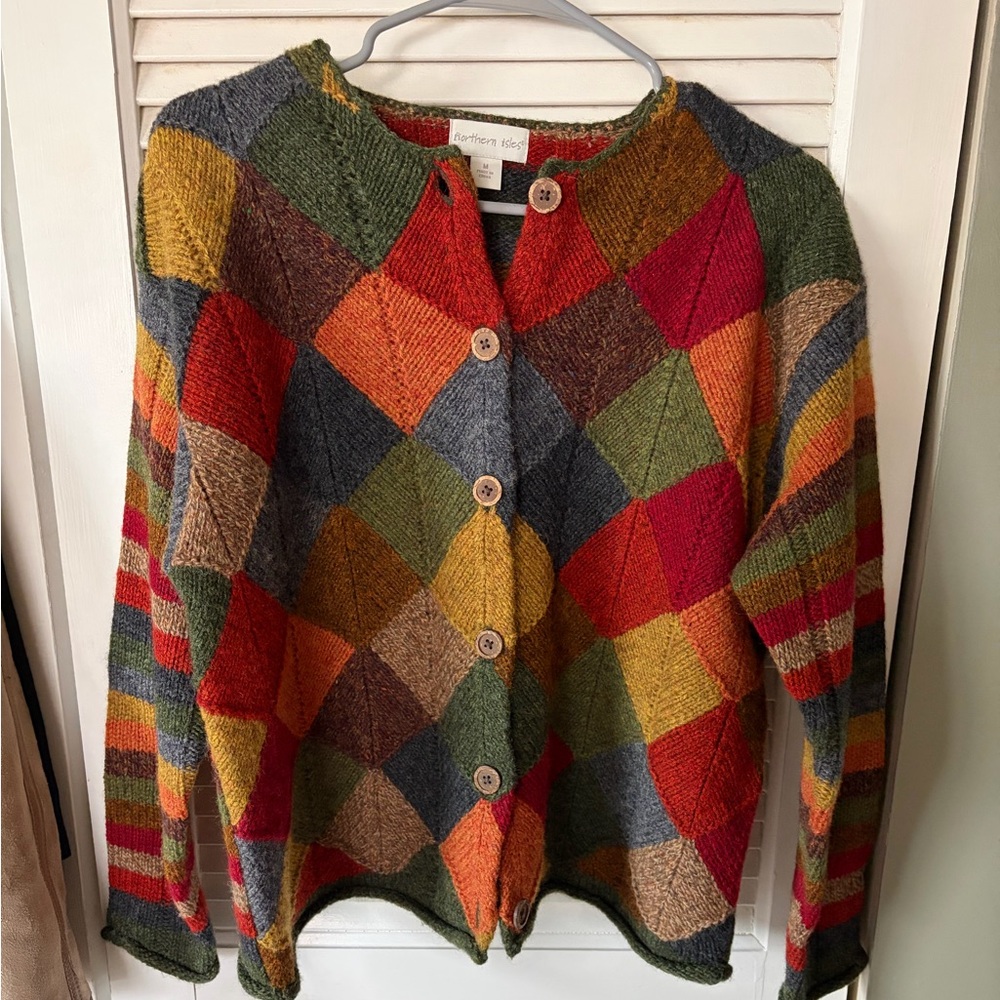 Vintage Wool Colorful Patchwork Button-Up Sweater